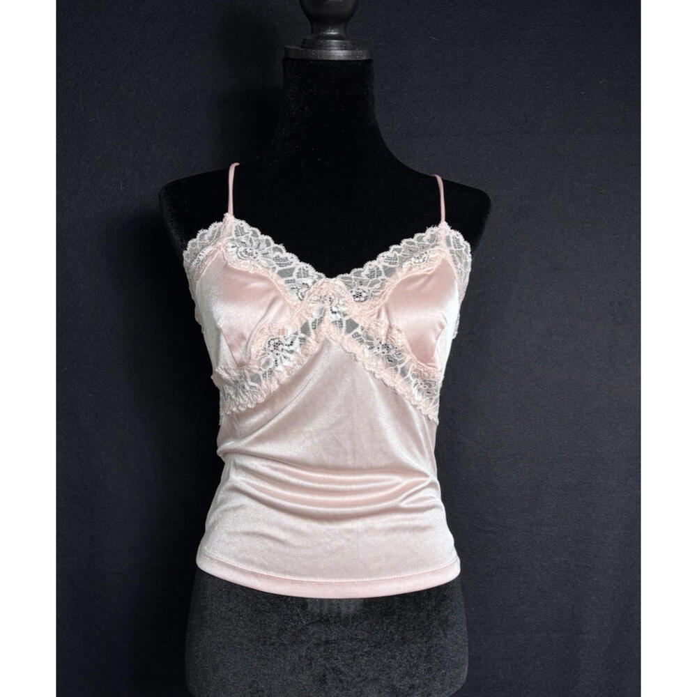 Express Y2K Babydoll Pink Satin Top Women's M Lace Preppy